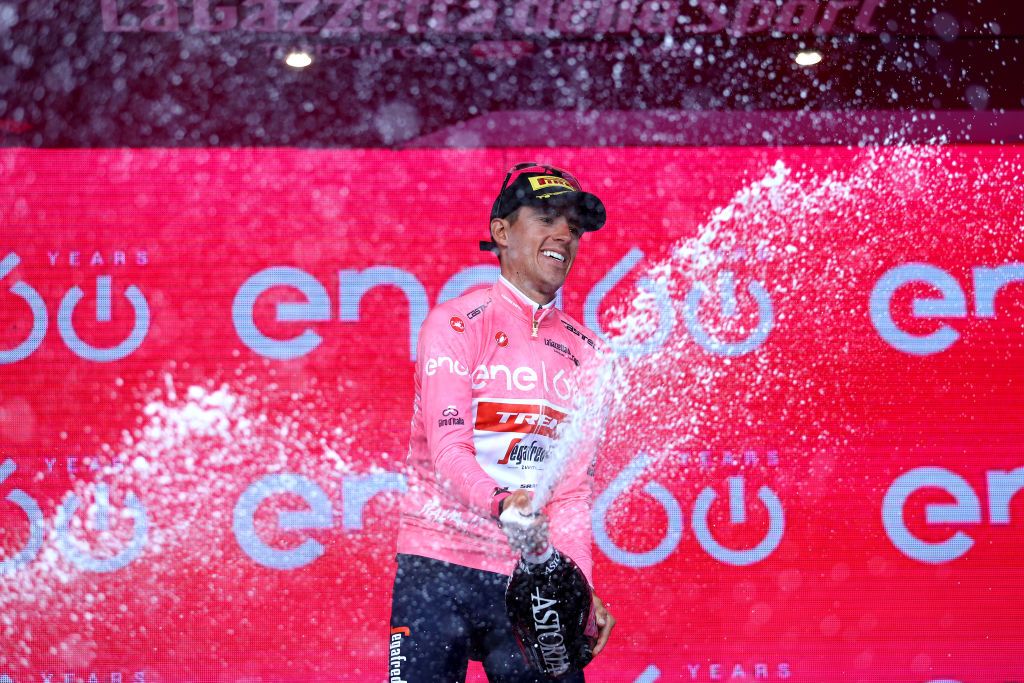 SCALEA ITALY MAY 12 Juan Pedro Lpez of Spain and Team Trek Segafredo Pink Leader Jersey celebrates at podium during the 105th Giro dItalia 2022 Stage 6 a 192km stage from Palmi to Scalea Giro WorldTour on May 12 2022 in Scalea Italy Photo by Michael SteeleGetty Images