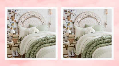 a green and pink boho bedroom
