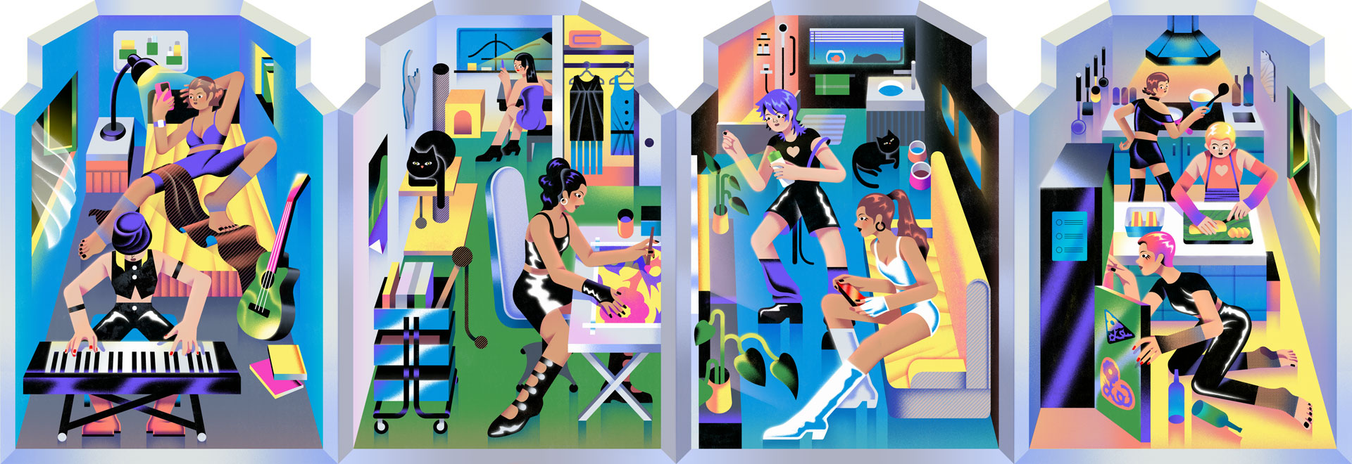 illustrations by Peilin Li showing people in different rooms of the same house