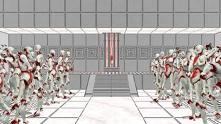 Screenshot from Ultrakill, show a white-tiled room with rows of white and red robots standing on either side of the screen.