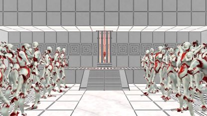 Screenshot from Ultrakill, show a white-tiled room with rows of white and red robots standing on either side of the screen.