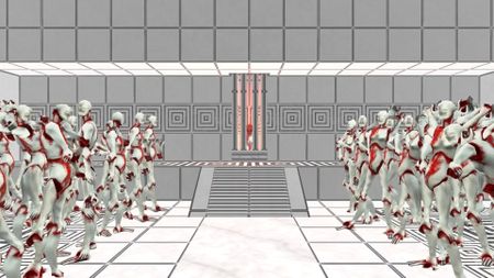 Screenshot from Ultrakill, show a white-tiled room with rows of white and red robots standing on either side of the screen.