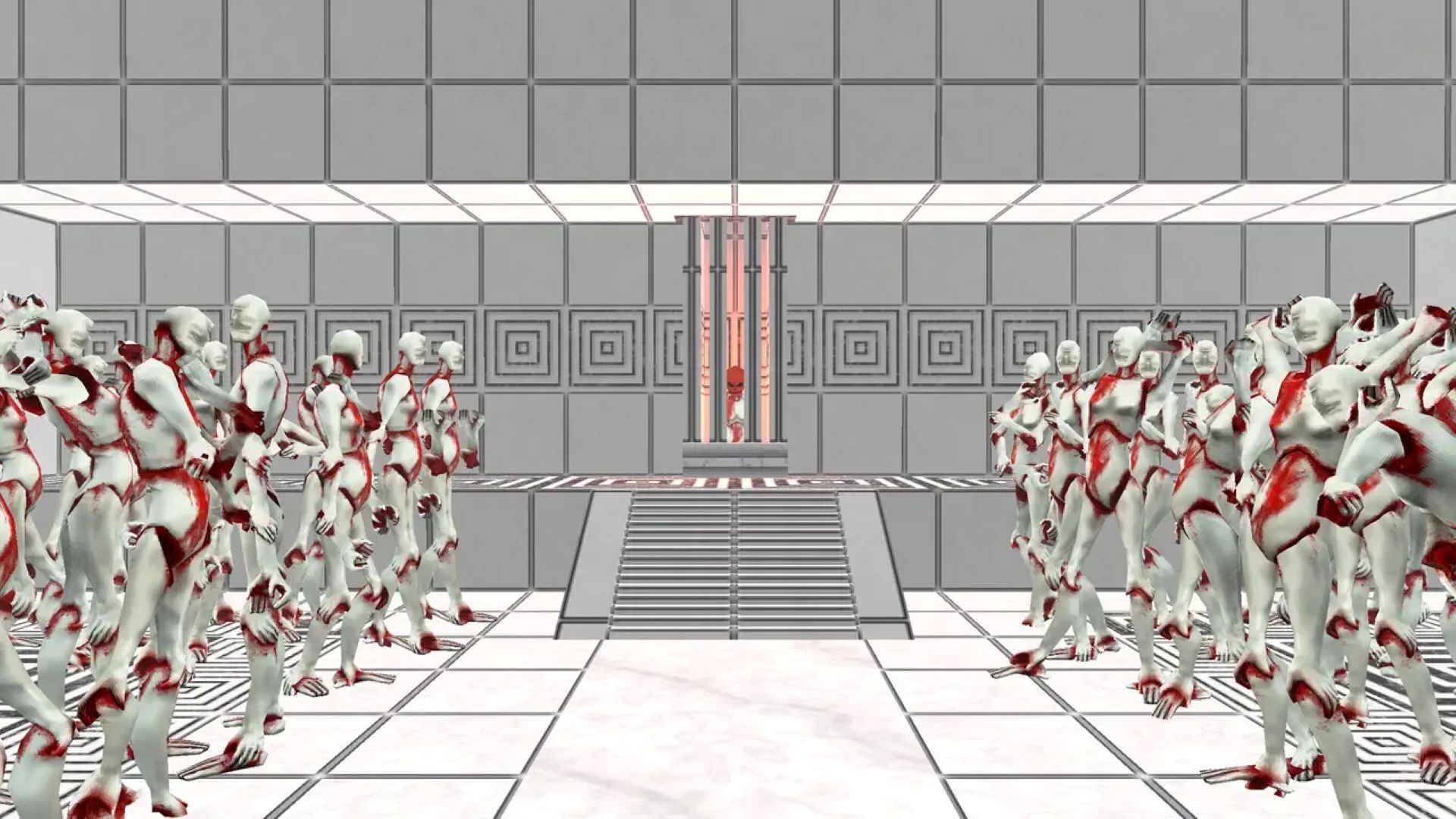 Screenshot from Ultrakill, show a white-tiled room with rows of white and red robots standing on either side of the screen.