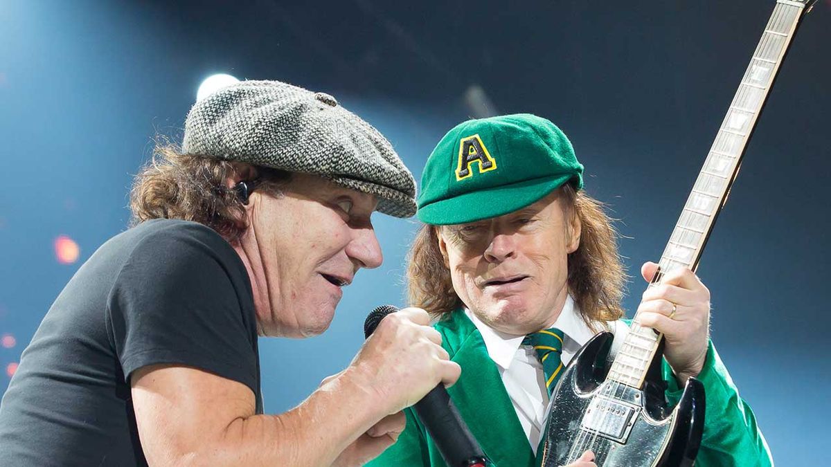 Brian Johnson and Angus Young onstage in 2016