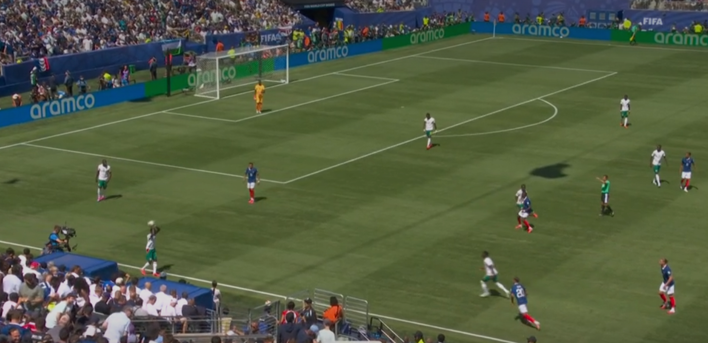 Senegal take a throw in early in their match against France in Group I at the 2026 World Cup in New Jersey