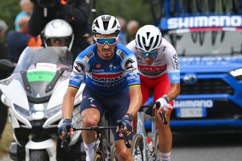 FANO ITALY MAY 16 Julian Alaphilippe of France and Team Soudal QuickStep competes in the breakaway during the 107th Giro dItalia 2024 Stage 12 a 193km stage from Martinsicuro to Fano UCIWT on May 16 2024 in Fano Italy Photo by Tim de WaeleGetty Images