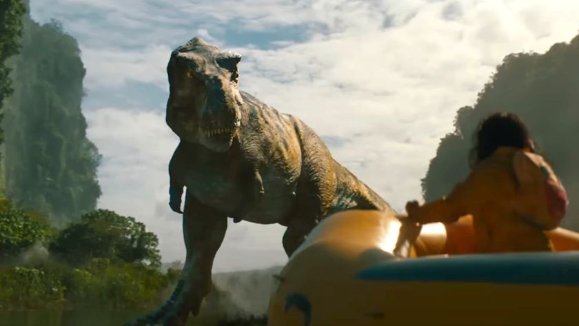 The T. rex stands staring down a life raft in Jurassic World Rebirth.