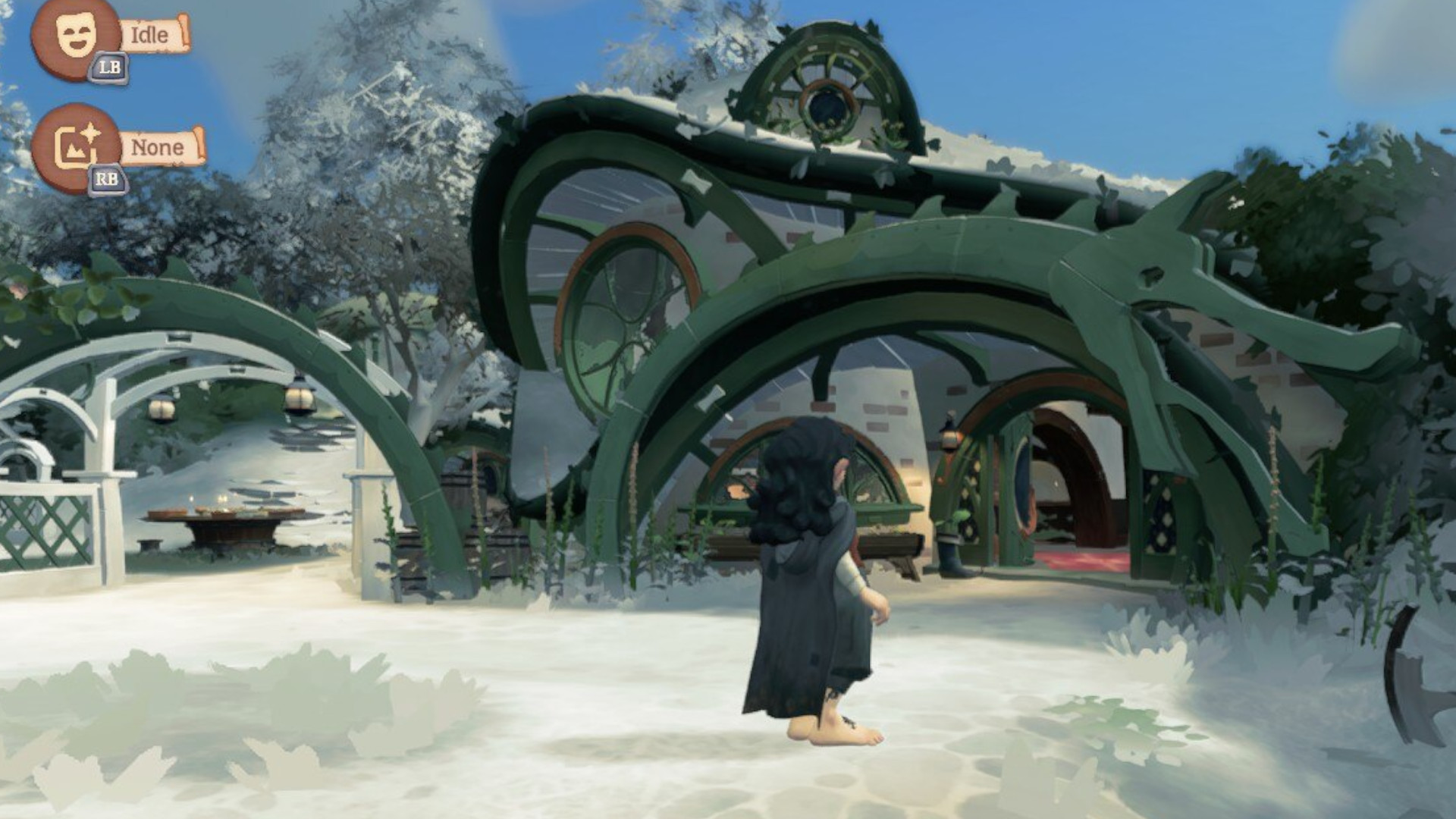 A player looking at the Green Dragon Inn during Tales of the Shire.