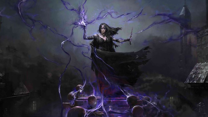 Keyart of Path of Exile 2&#039;s Witch, wreathed in dark magic and drawing power from an array of skulls.