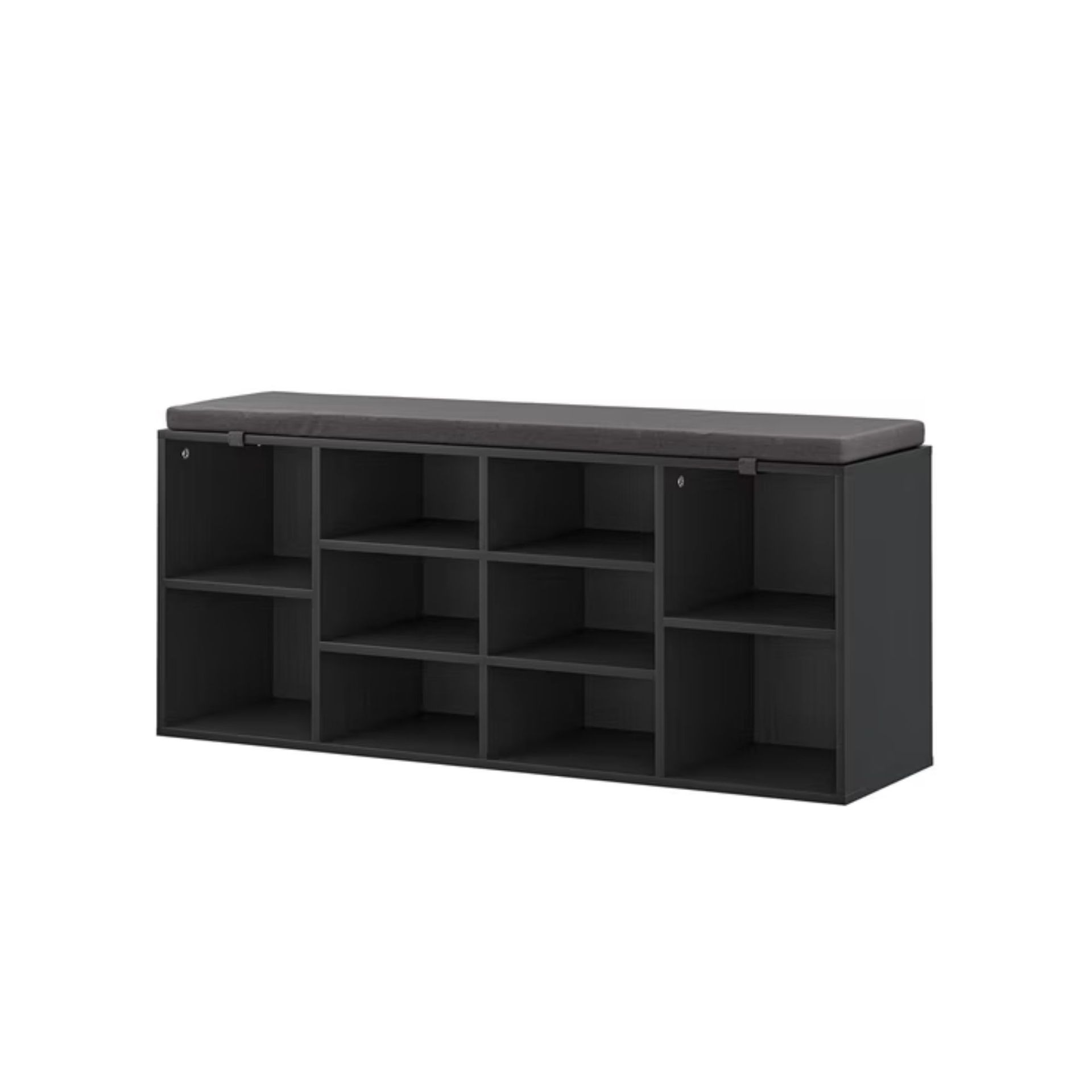 A black shoe storage bench with shelves and cushioning