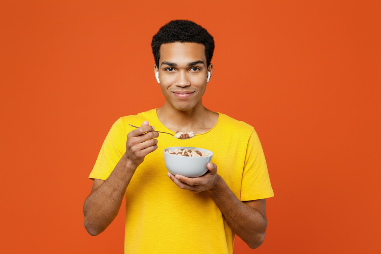 A person eating cereal against a color background