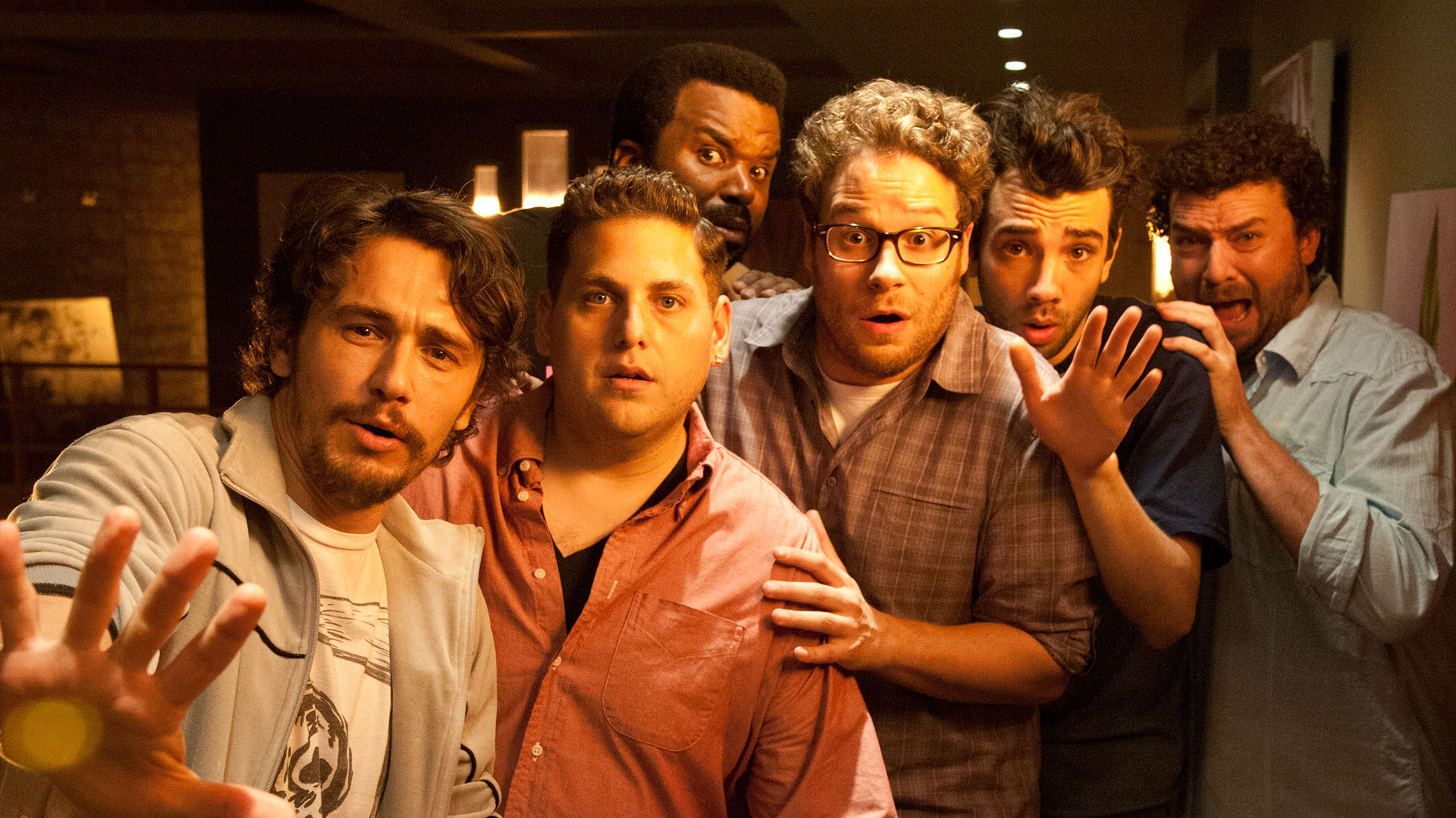 (L to R as themselves) James Franco, Jonah Hill, Craig Robinson, Jonah Hill, Jay Baruchel and Danny McBride cowering in This Is The End