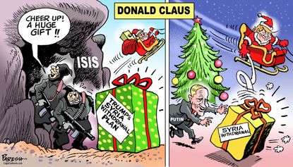 Political cartoon U.S. Trump withdraws troops from Syria ISIS gift Vladimir Putin Russia Donald Claus