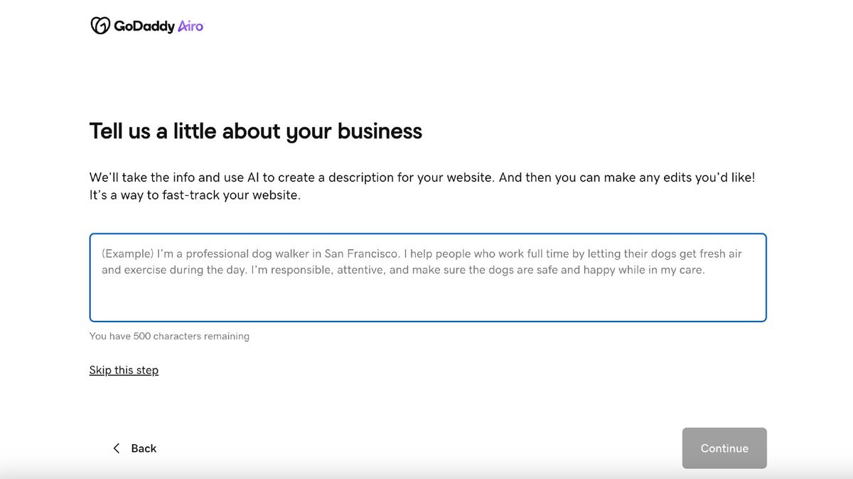 Screengrab of questions in the GoDaddy Web Builder interface