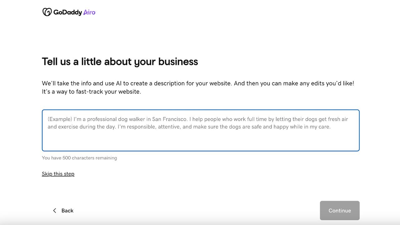 Screengrab of questions in the GoDaddy Web Builder interface