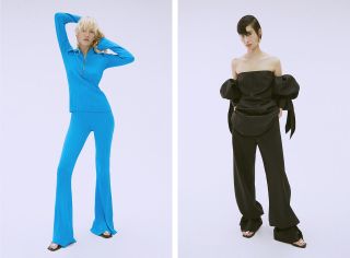 Ellery S/S 2019 models in electric blue knitted top and trousers, and black puffy sleeves top with black trousers