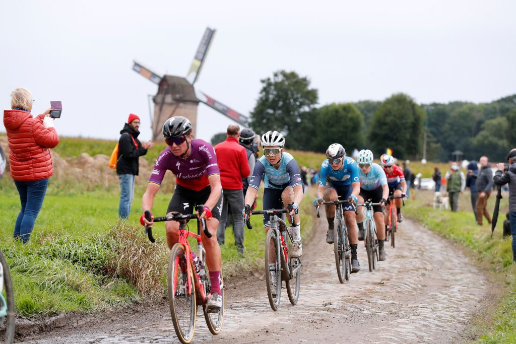 ROUBAIX FRANCE OCTOBER 02 Audrey CordonRagot of France and Team Trek Segafredo competes through cobblestones sector during the 1st ParisRoubaix 2021 Womens Elite a 1164km race from Denain to Roubaix ParisRoubaixFemmes ParisRoubaix on October 02 2021 in Roubaix France Photo by Bas CzerwinskiGetty Images