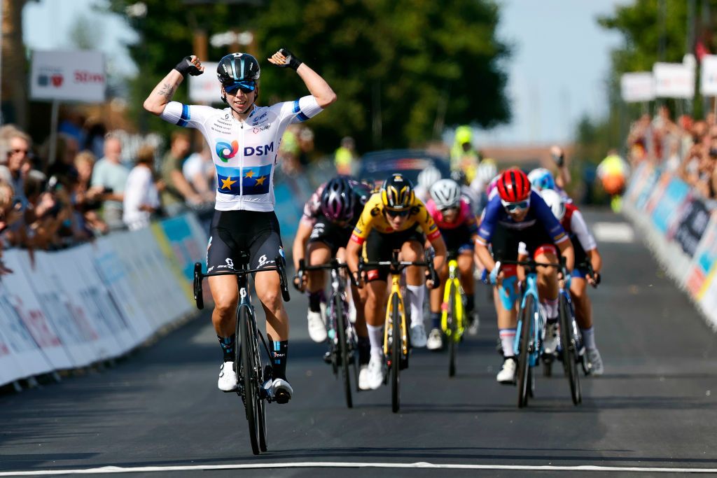 LELYSTAD NETHERLANDS AUGUST 30 Lorena Wiebes of Netherlands and Team DSM celebrates winning during the 25th Simac Ladies Tour 2022 Stage 1 a 1412km stage from Lelystad to Lelystad SLT2022 UCIWWT on August 30 2022 in Lelystad Netherlands Photo by Bas CzerwinskiGetty Images