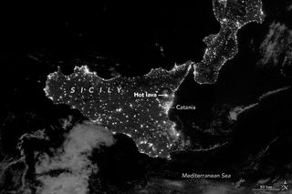 Hot lava is visible at Mount Etna on the island of Sicily in this new satellite image taken on March 16, 2017.