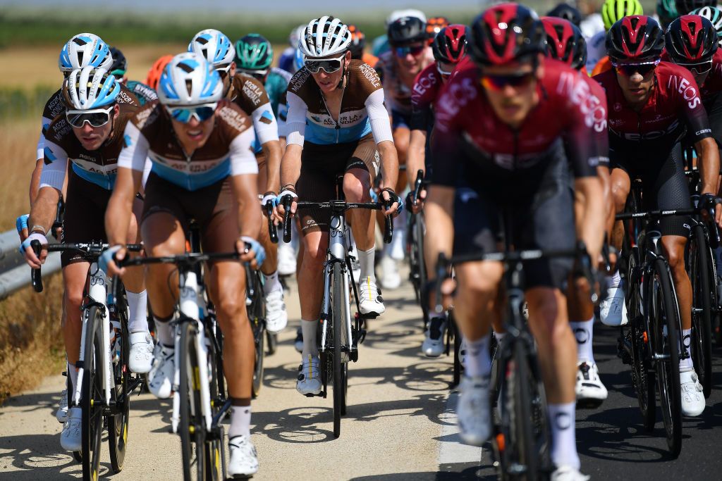 BEZIERS FRANCE AUGUST 01 Pierre Latour of France and Team Ag2R La Mondiale Romain Bardet of France and Team Ag2R La Mondiale Jonathan Castroviejo of Spain and Team Ineos during the 44th La Route dOccitanie La Depeche du Midi 2020 Stage 1 a 187km stage from Saint Affrique to Cazouls ls Bziers RouteOccitanie RDO2020 on August 01 2020 in Beziers France Photo by Justin SetterfieldGetty Images