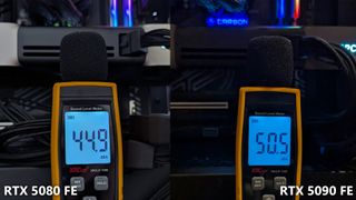 RTX 5080 FE (left) fan noise reaching 44.9 dBA compared to RTX 5090 FE (right) at 50.5 dBA.