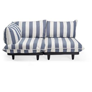 A blue and white striped sofa