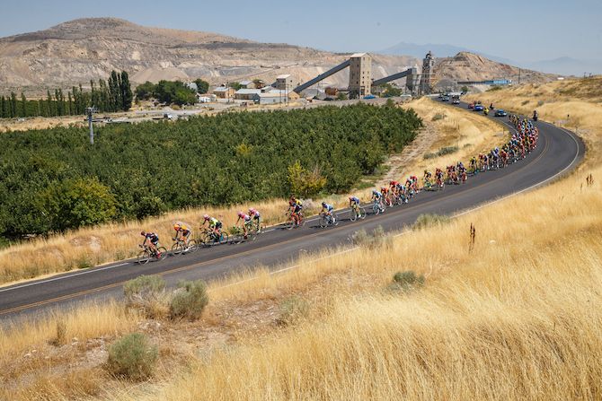 The peloton begins to get strung out early in the day on August 8, 2018 in Cedar City, Utah.