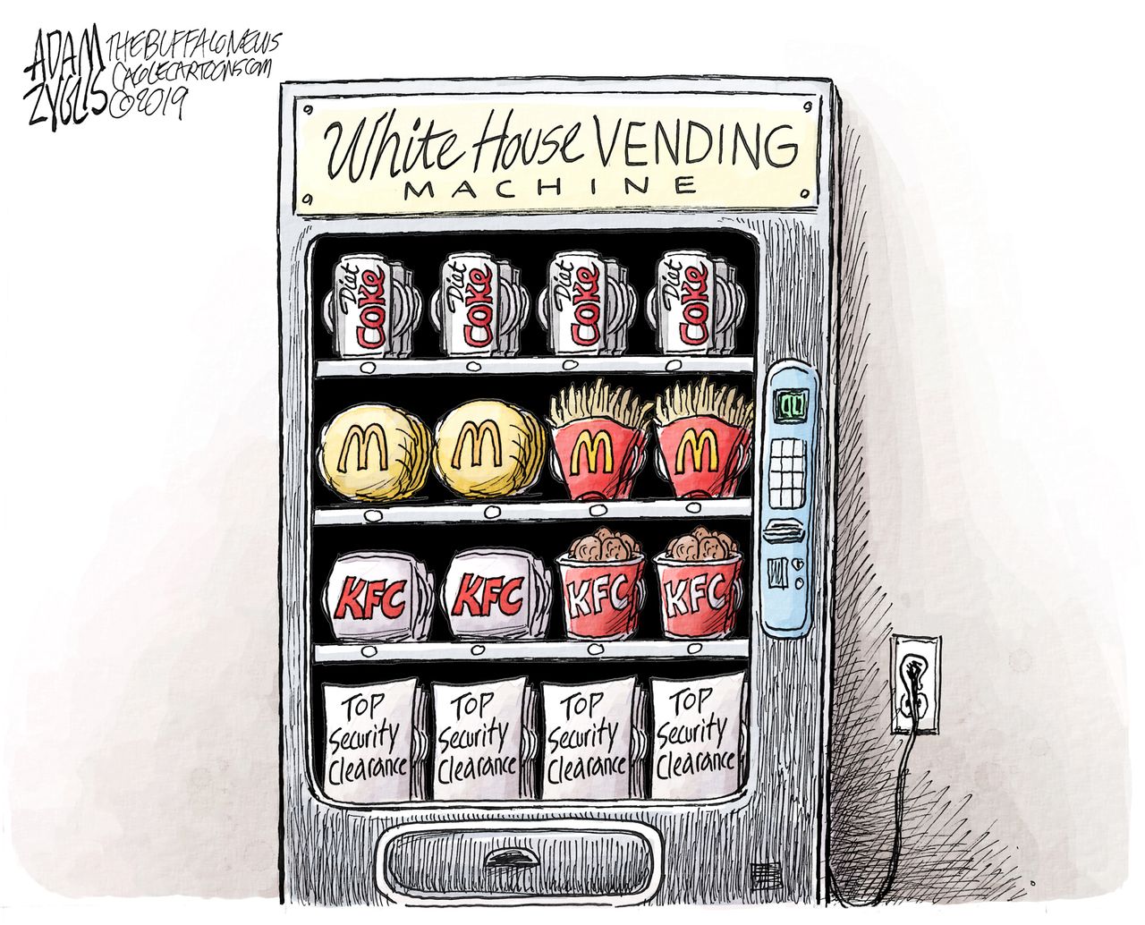 Political Cartoon U.S. White house vending machine security clearance