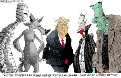Political cartoon U.S. Halloween Trump health care subsidies