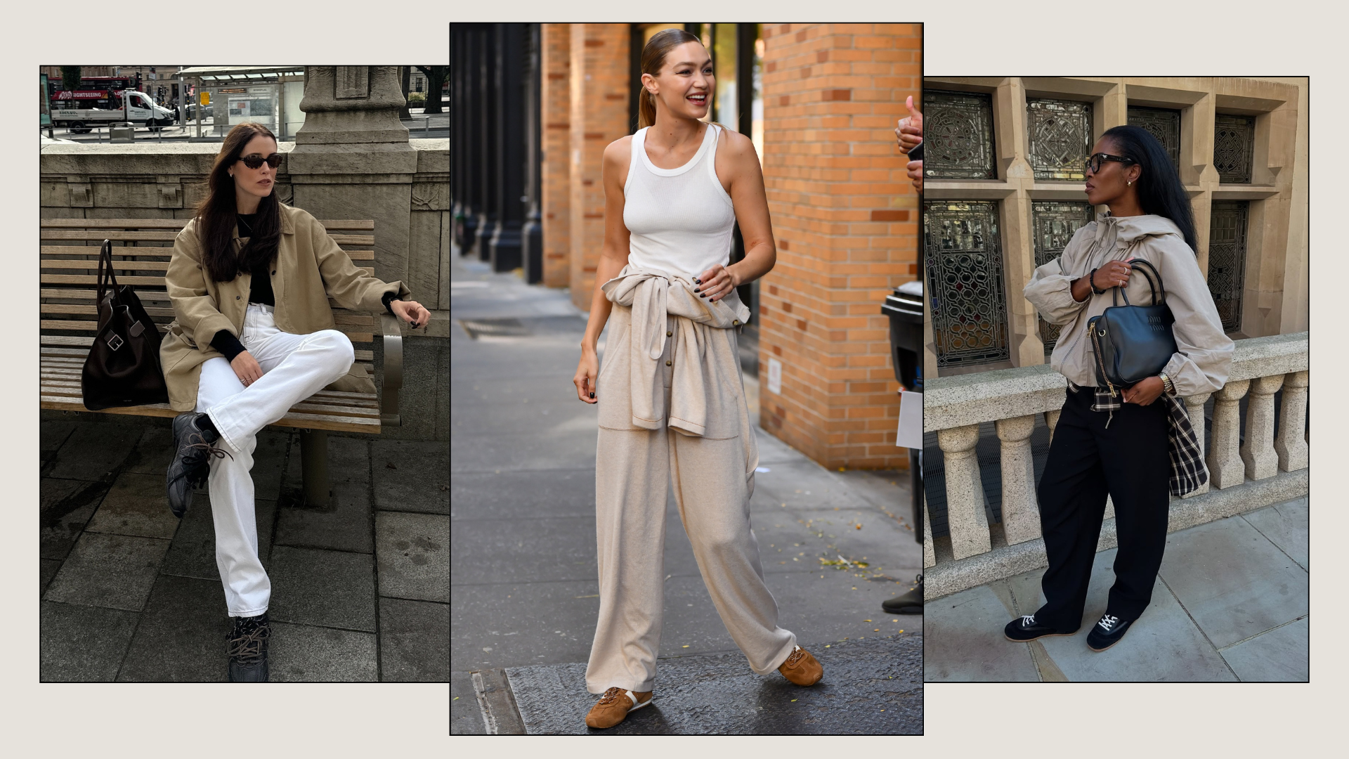 A collage of the low-profile trainer trends, as spotted on celebrities like Gigi Hadid.