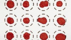 Three rows of four dried blood spot tests on white fiber filter. The top and bottom rows are slightly cut off by the image dimensions. In each test, a red spot of blood can be seen in inside a circle drawn using dashed black lines.