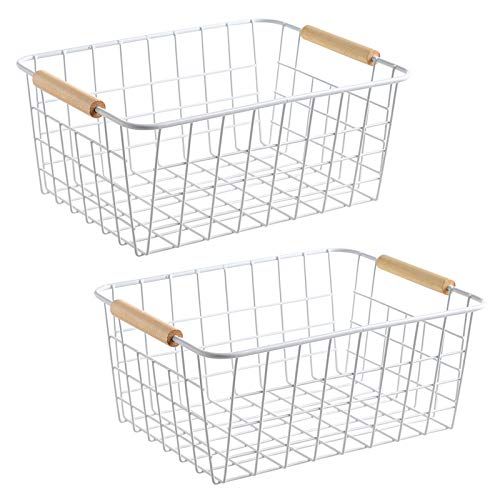 Lelecat White Wire Baskets With Wooden Handles Storage Organizer Baskets, Household Refrigerator for Cabinets, Pantry, Closets, Bedrooms, Kitchen - Set of 2&