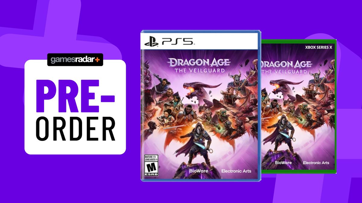 Dragon Age: The Veilguard PS5 and Xbox Series X boxes on a purple background with pre-order badge