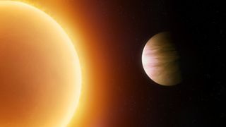 a pale yellow planet orbits close to a large orange star