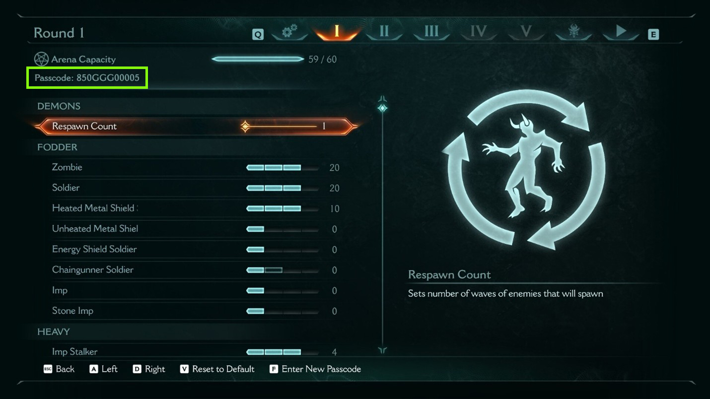 An image of Doom: The Dark Ages&#039; Ripatorium menu, showing various options for spawning monsters, with the mode&#039;s passcode generation system highlighted in a green rectangle.