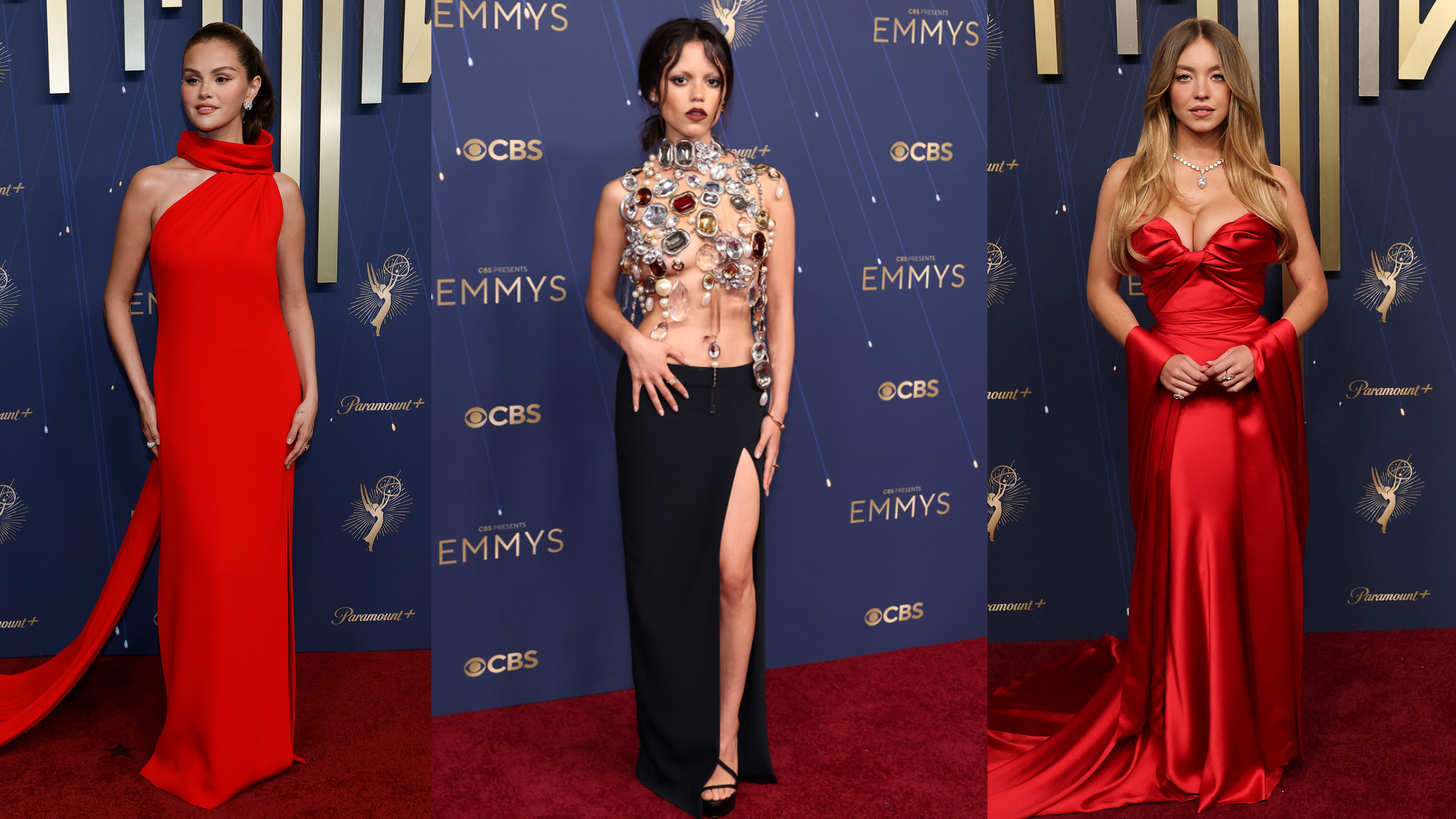 Selena Gomez, Jenna Ortega, and sydney sweeney at the 2025 emmy awards.