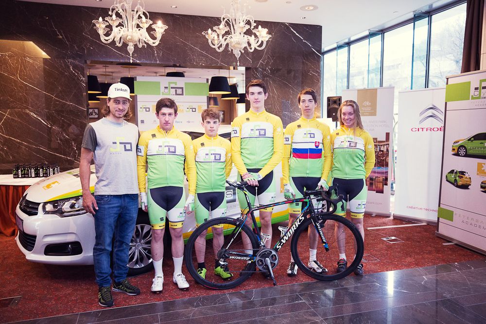 Peter Sagan stands with Cys Zilina riders at the presentation on Monday