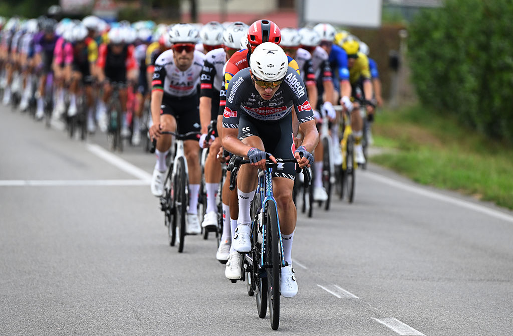 NOVARA, ITALY - AUGUST 23: Tobias Bayer of Austria and Team Alpecin - Deceuninck competes during the La Vuelta - 80th Tour of Spain 2025, Stage 1 a 186.7km stage from Torino-Reggia di Venaria to Novara / #UCIWT / on August 23, 2025 in Novara, Italy. (Photo by Dario Belingheri/Getty Images)