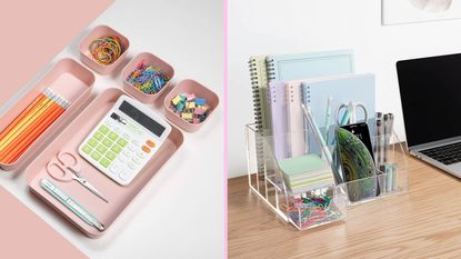 Amazon desk organizers - pink set of drawer organizers filled and on a pink background beside an acrylic desk organizer on a desk, filled