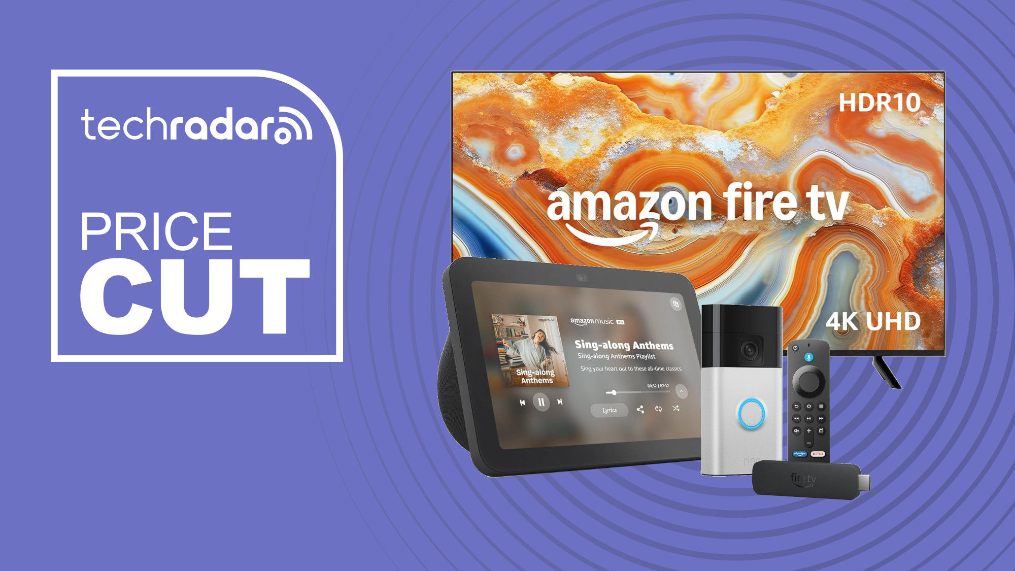 Amazon Fire TV, Echo Show, Ring Doorbell and Fire TV Stick on a purple background