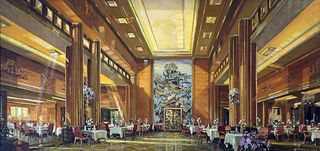 The First Class Dining Room aboard the Queen Mary, which was able to accommodate all 800 1st class passengers. Painted by Herbert Richter (©V&A)