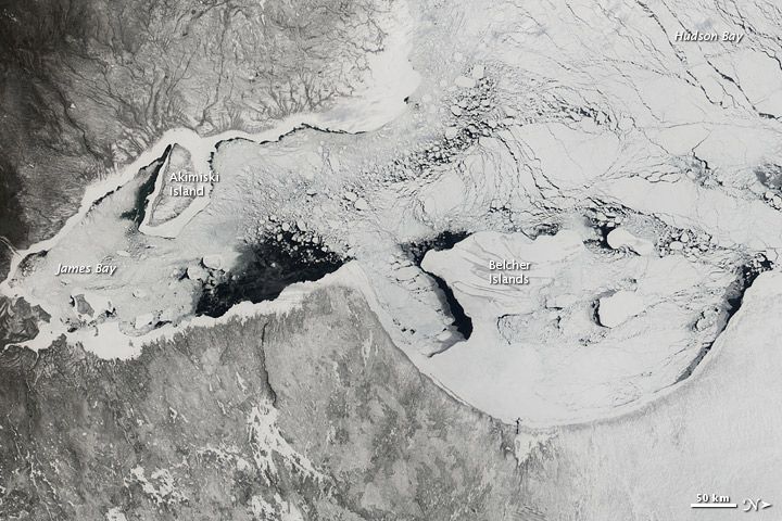 In this NASA satellite taken on April 6, sea ice covers most of Canada&#039;s Hudson Bay and snow blankets the surrounding land.