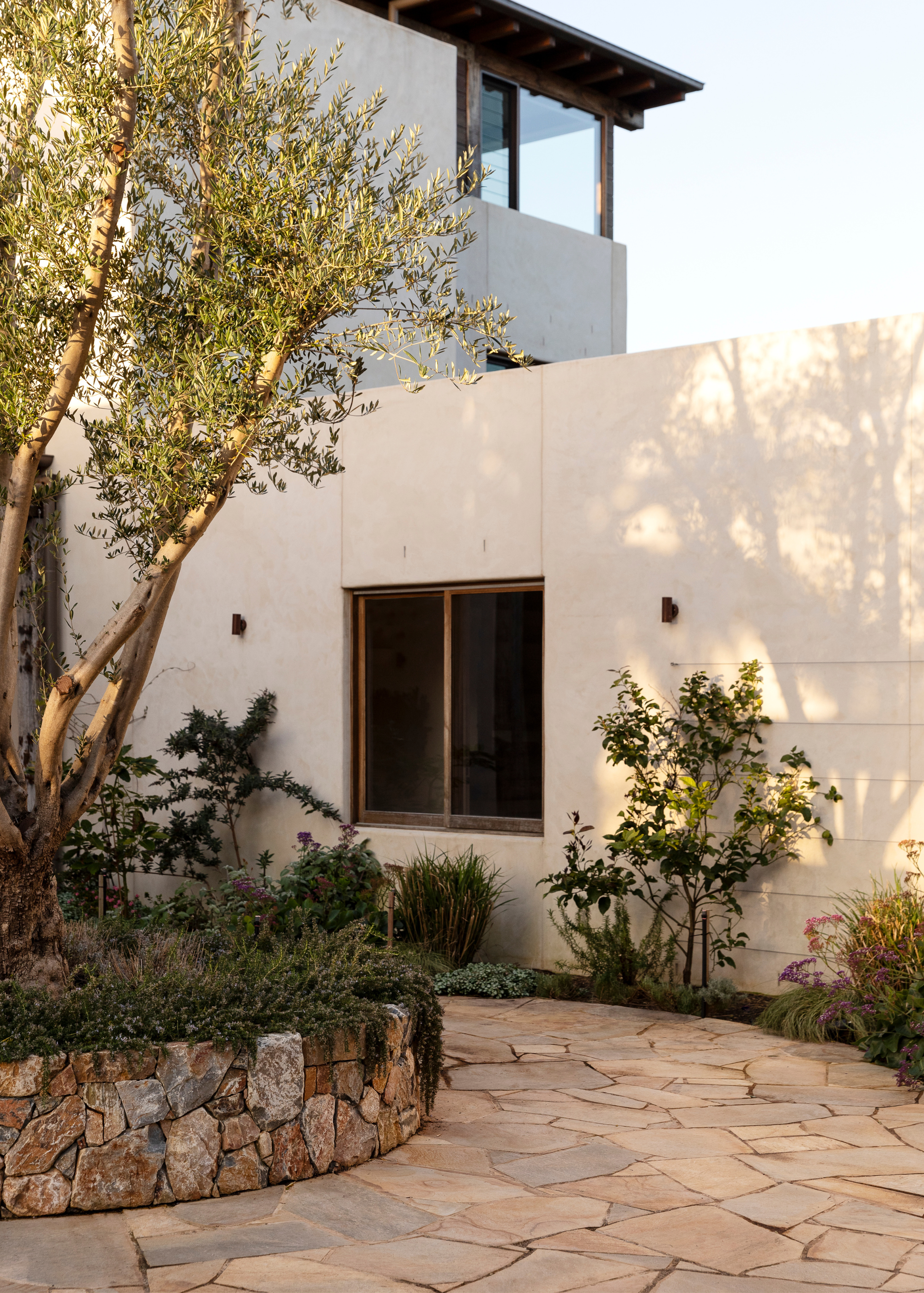 A stone entryway with a large tree, a border of textured plants in a front garden