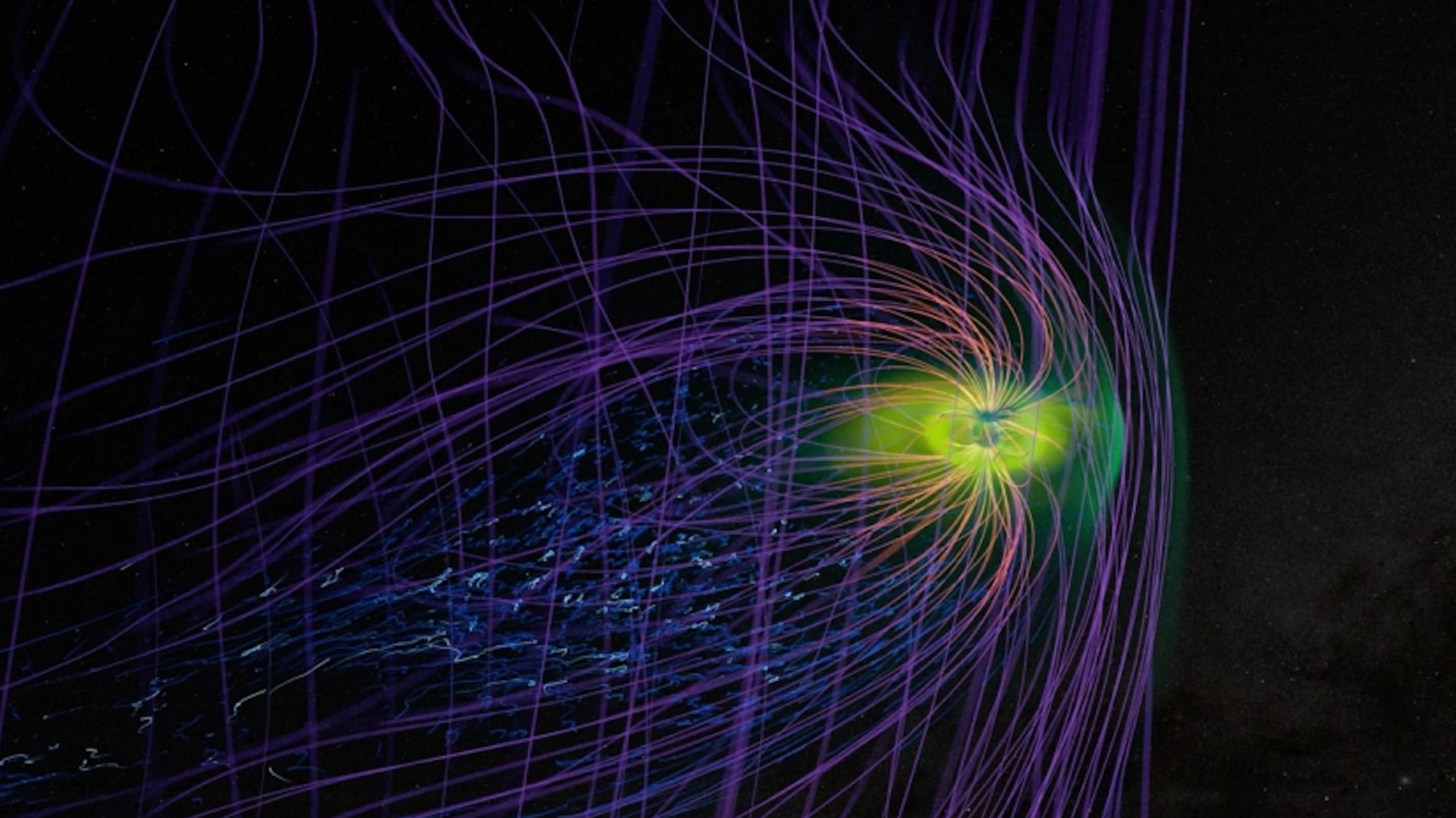 diagram of earth's atmosphere at night, showing a greenish-yellow sphere representing a disruption caused by a solar storm
