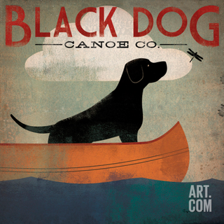 black dog canoe mounted print