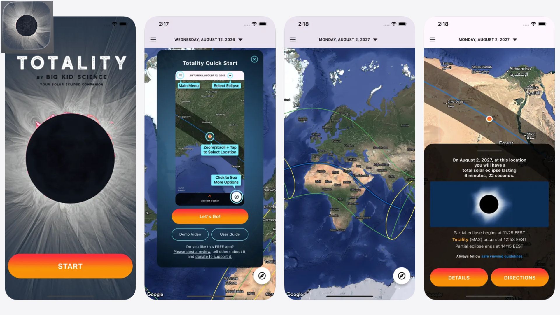 Four smartphone screenshots for eclipse apps are shown side by side against a white background.