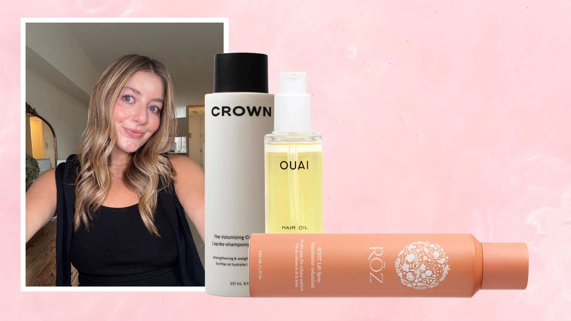samantha Holender on a pink background next to products for fine hair from crown affair ouai and roz 