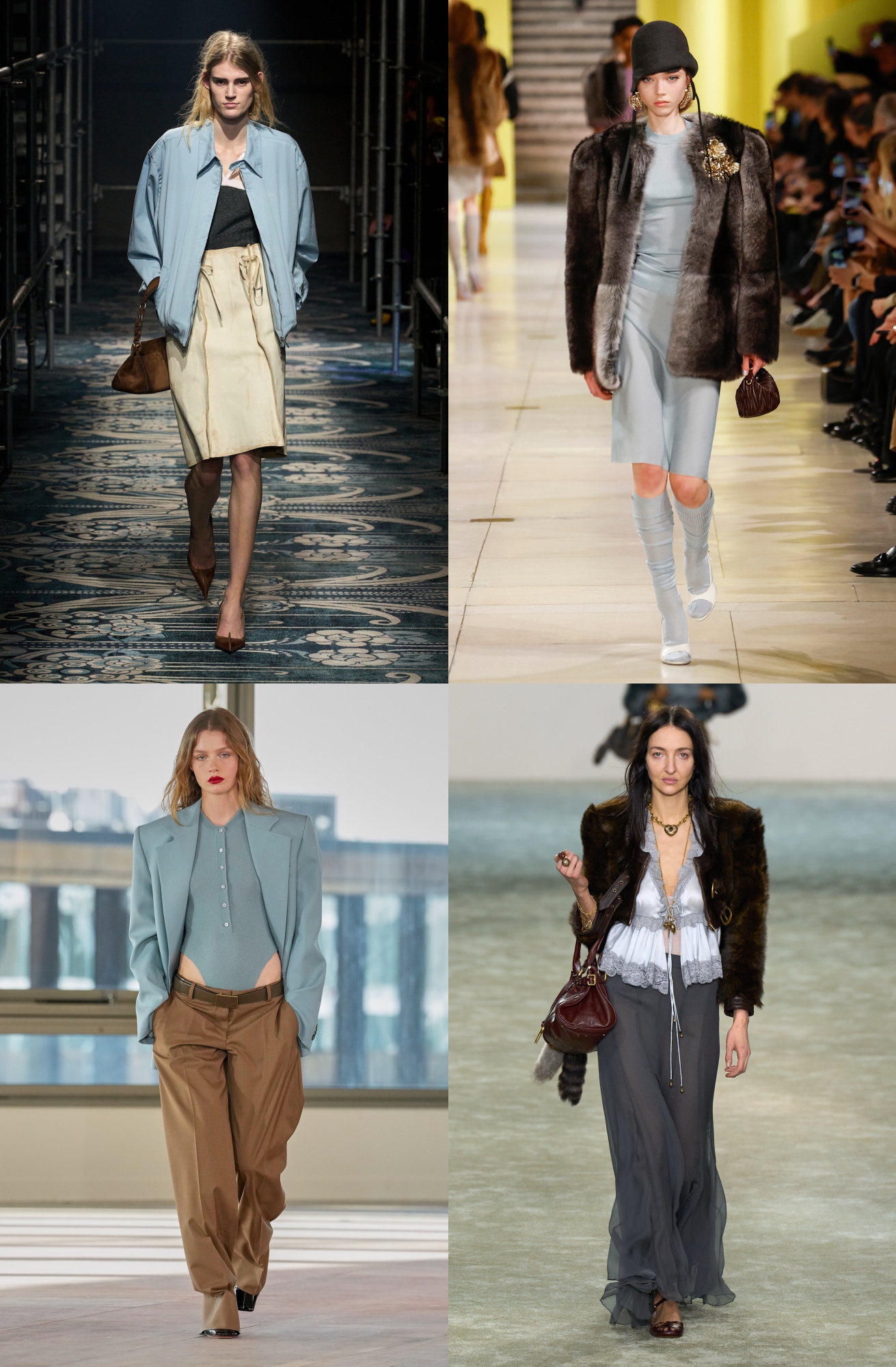 Zdjęcie odcienia pudrowego błękitu na wybiegach kolekcji Prada, Miu Miu, Chloé i Stella McCartney jesień/zima 2025, jednego z najważniejszych trendów kolorystycznych jesieni 2025 roku.