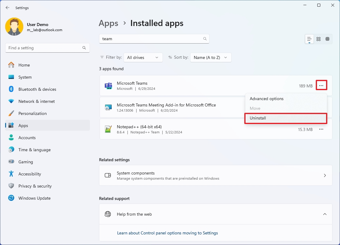 Windows 11 uninstall Teams app