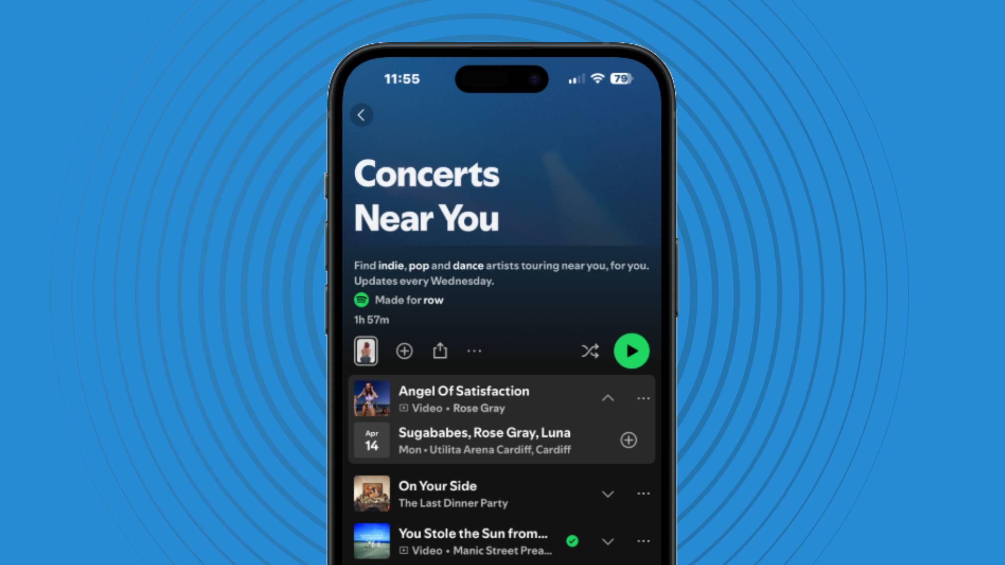 A screenshot of Spotify's Concerts Near You playlist